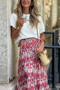Resort Style Unique Print Pleated Elastic Waist Maxi Skirt
