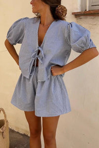 Fresh and Sweet Plaid Front Lace-up Puff Sleeve Top and Elastic Waist Shorts Set