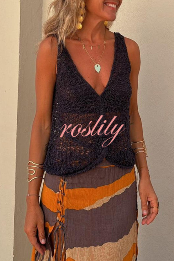 Malibu Knit V-neck Hollow Out Twist Loose Tank