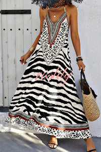Zebra Print V-neck Open Back Loose Maxi Dress