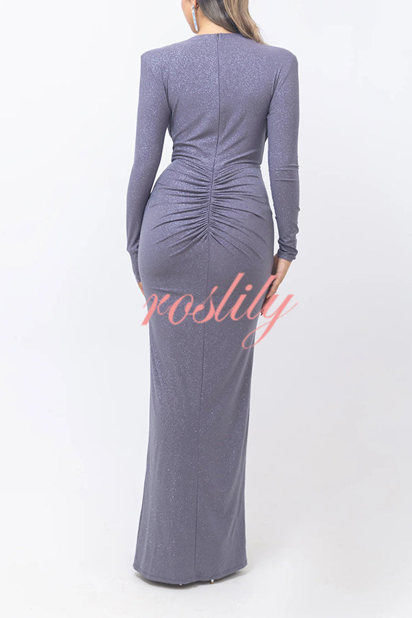 Solid Color Shiny Sexy V-neck Long Sleeve Ribbon Slit Slim Fit Maxi Dress