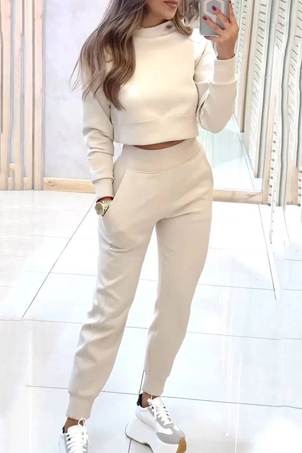 Solid Color Loose Long Sleeve Crop Top and Elastic Waist Pocket Casual Pants Set