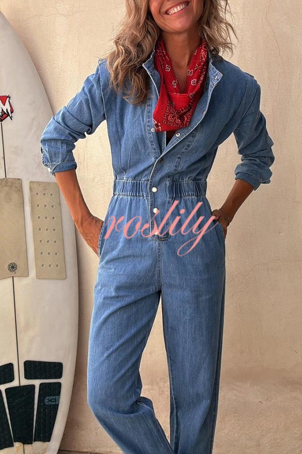 Carey Denim Button Up Long Sleeve Elastic Waist Pocketed Loose Jumpsuit