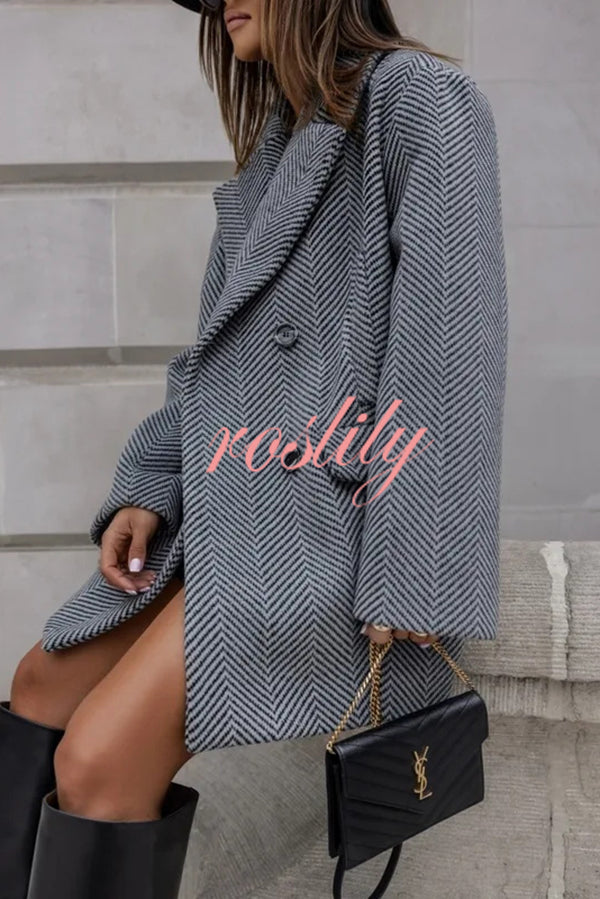 Fashion Stripe Print Lapel Pocket Coat