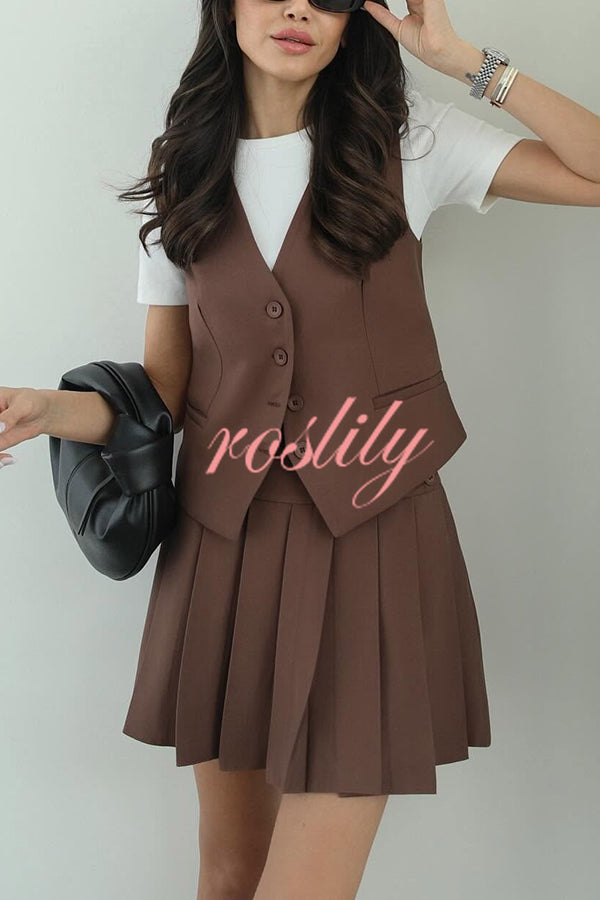 Solid Color Sleeveless Buttoned Vest and High-waisted Pleated Mini Skirt Set