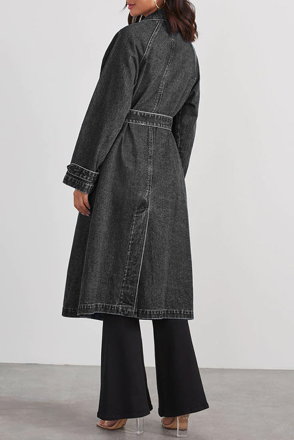 Solid Color Denim Double Pocket Button Down Midi Trench Coat