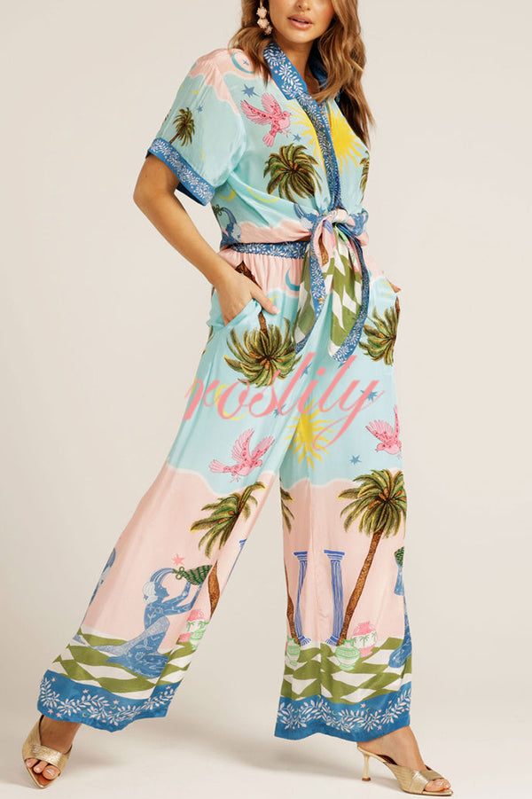 Summer Vacation Printed Short-sleeved Loose Shirt and Elastic Waist Pocket Pants Set