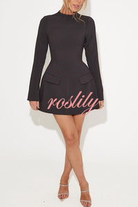 Ultimate Muse High Neck Long Slit Sleeve Flap Pocket Mini Dress