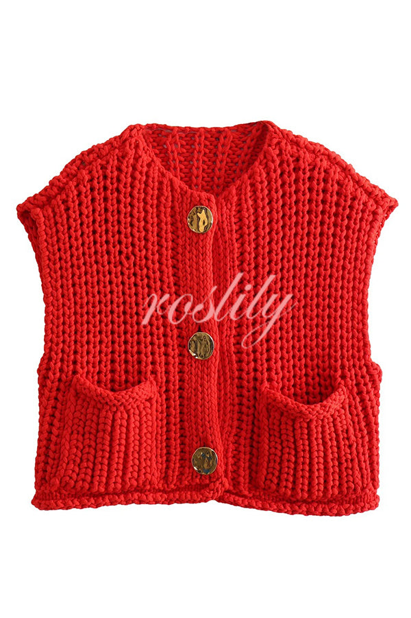 Solid Color Sleeveless Pocket Knitted Vest