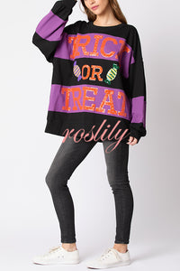 Halloween Letter Sequined Color Block Loose Casual Sweatshirt