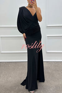 Like Venus One Shoulder Bat Sleeve Ruched Detail Slit Gown Maxi Dress