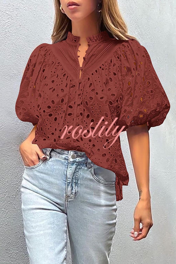 Hollow Embroidered Lace V-neck Buttoned Lantern Sleeve Blouse