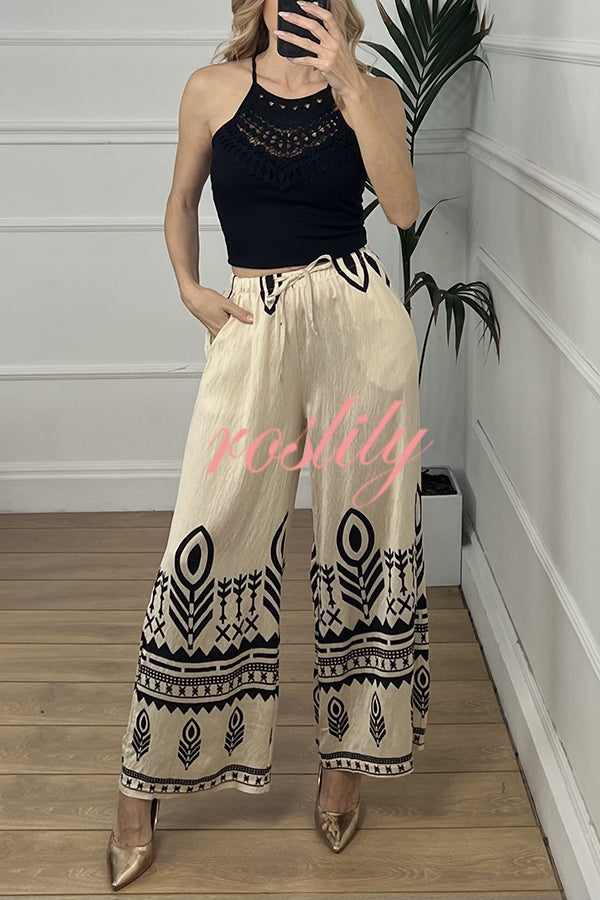 Unique Print Elastic Waist Casual Pocket Wide Leg Pants