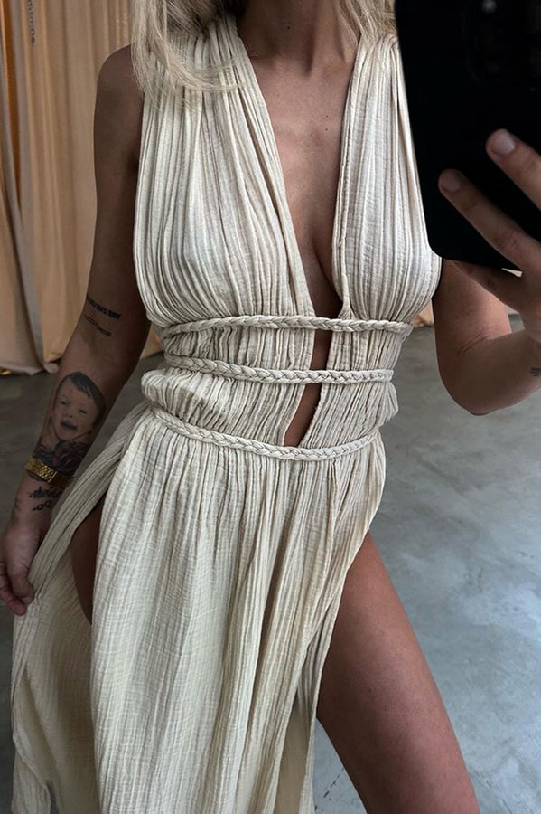 Boho with Elegance Linen Blend Braids Belt Cutout Slit Kaftan Maxi Dress