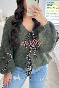 Fashionable Loose Long-sleeved Leopard Print Lace-up Knitted Sweater Cardigan