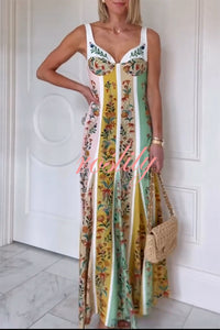 Sweet Garden Linen Blend Color Block Floral Paneled Maxi Dress