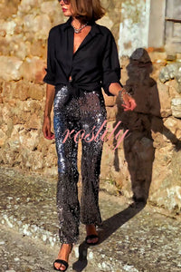 Pursue Shine Sequin High Rise Elastic Waist Flare Pants