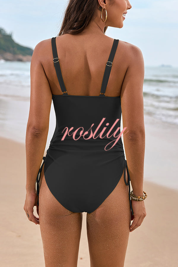 Solid Color Drawstring Waist Mesh One-Piece Swimsuit