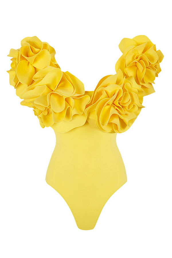 Solid Color 3D Flower Stretch One-piece Swimsuit