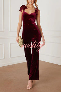 Merlot Sippin' Velvet Shoulder Tie Flare Stretch Jumpsuit