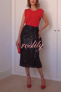 Crushing on You Sequin High Rise Wrap Tie-up Slit Midi Skirt