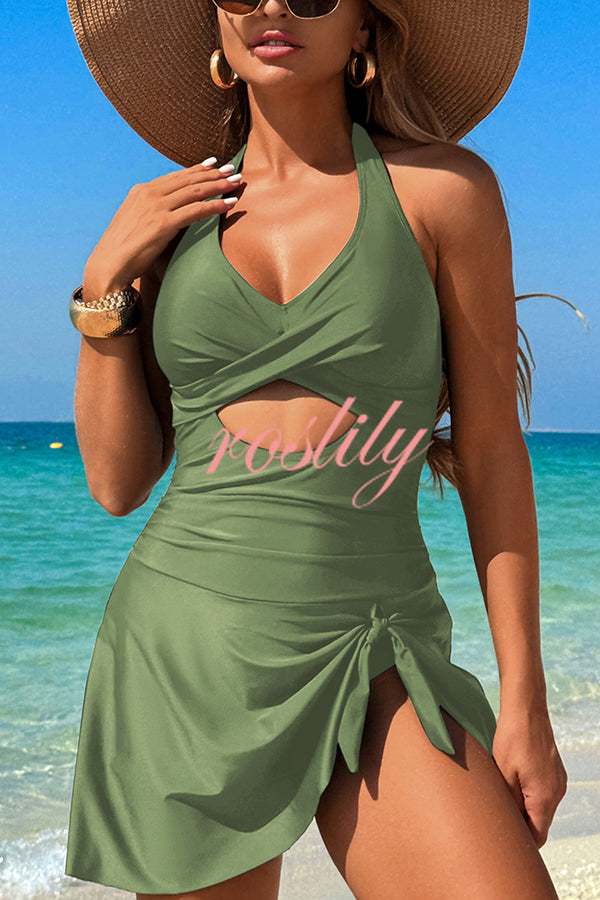 Fashionable Halterneck Waist Hollow Stretch One-piece Swimsuit