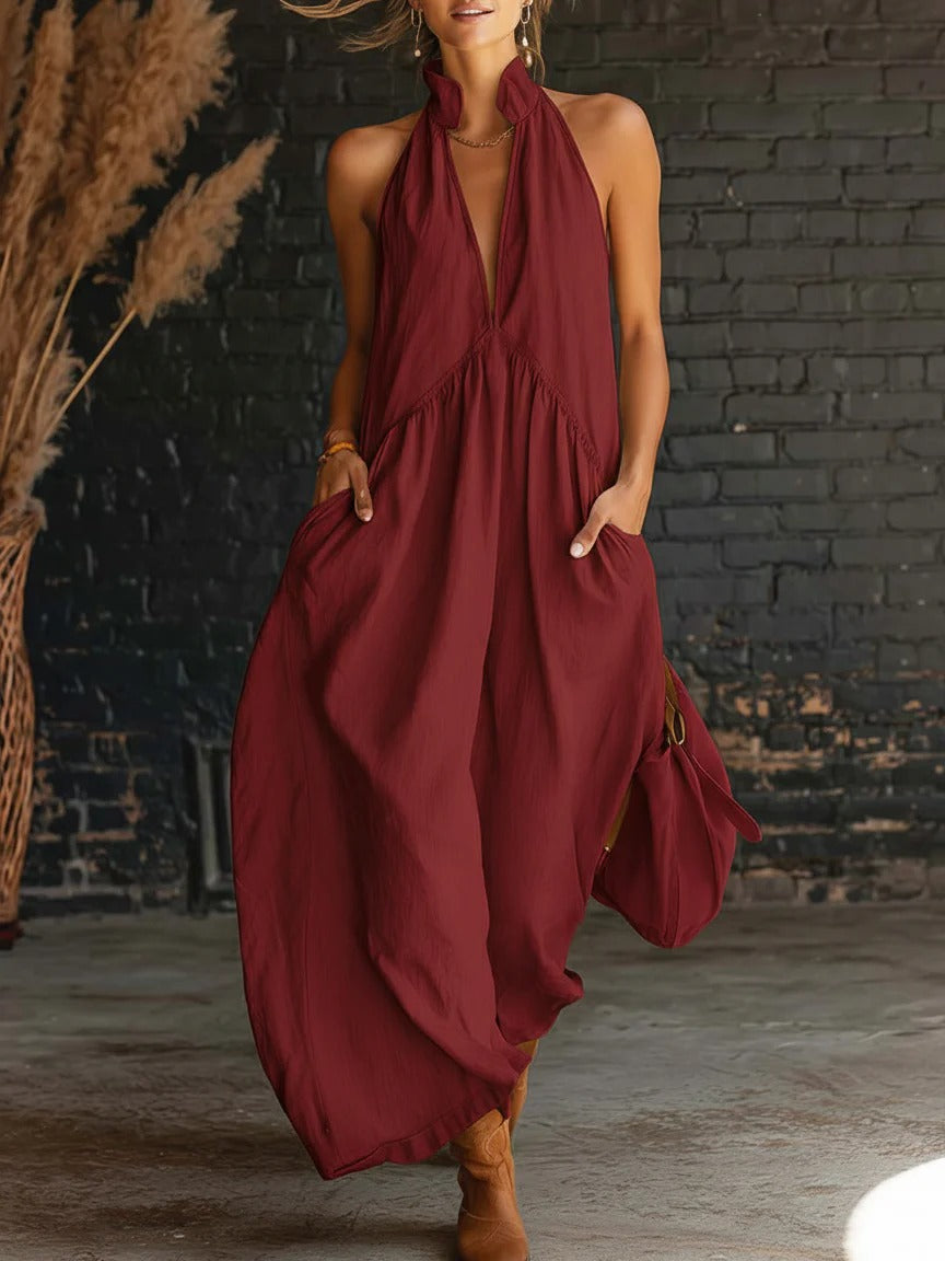 Halter Deep V Boho Maxi Dress