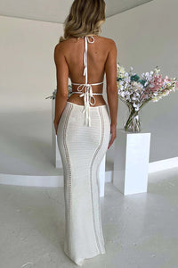 Effortlessly Cool and Sexy Knit Crochet Cutout Halter Tie-up Stretch Maxi Dress