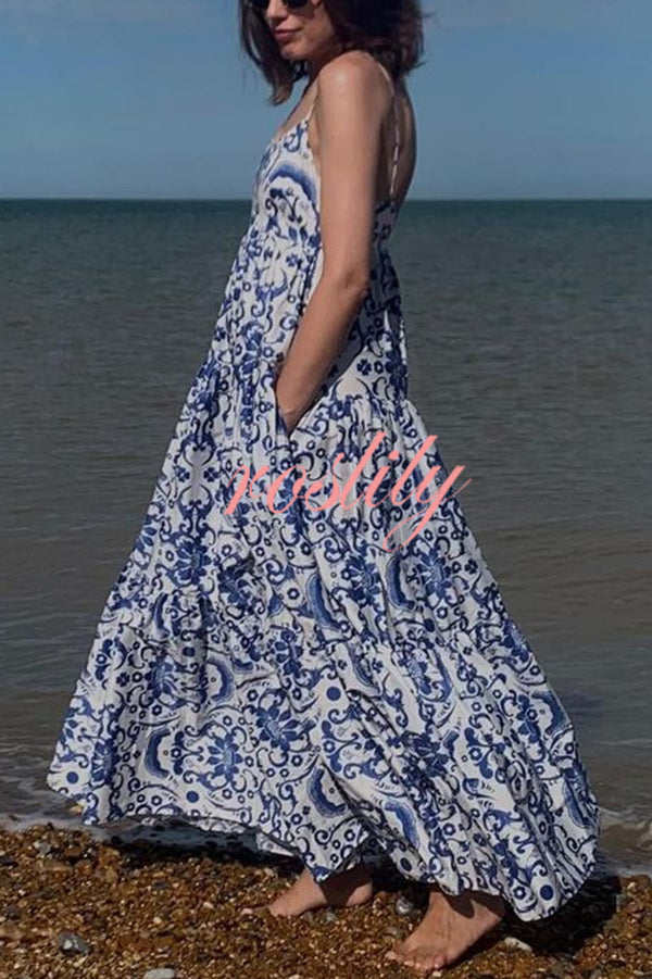 Botanical Floral Print Sexy Sling Backless Maxi Dress