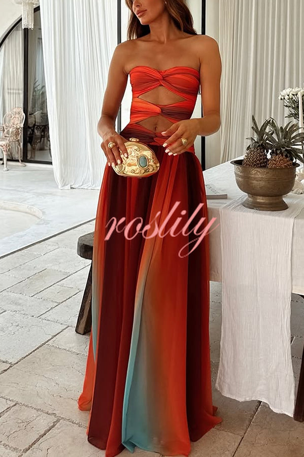 Sardinia Sunset Mesh Printed Twist Cutout Off Shoulder Vacation Maxi Dress