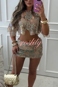 Fashionable Embroidered Flower Sequined Crop Top and Hip-hugging Mini Skirt Set