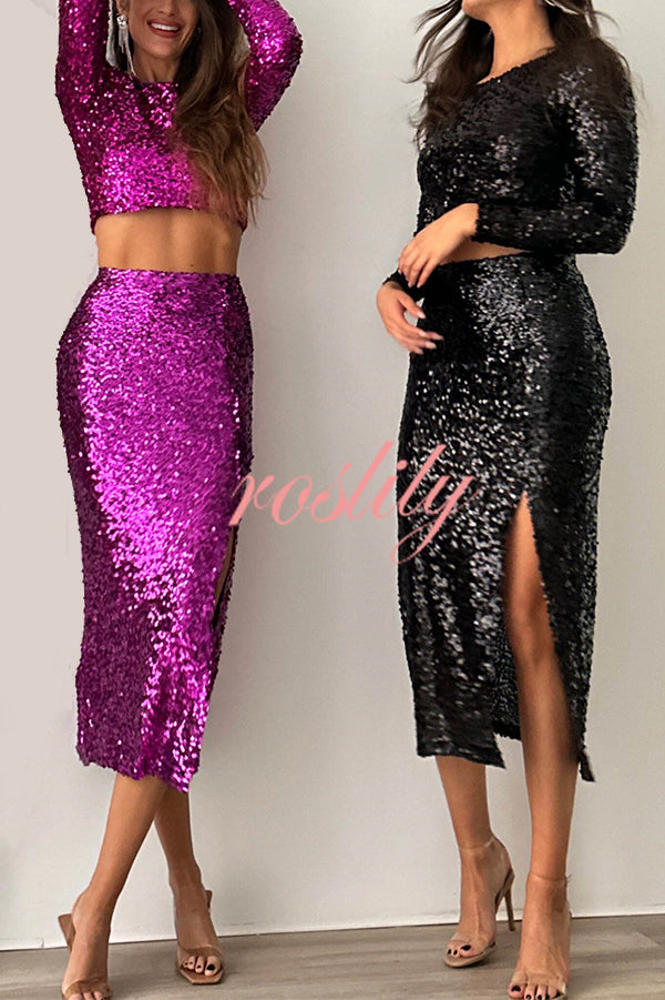 Solid Sequined Long-sleeved Crop Top and Sexy Slit Midi Skirt Set