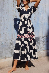 Unique Printed V-neck Puff Sleeves Tie Waist Midi Dress