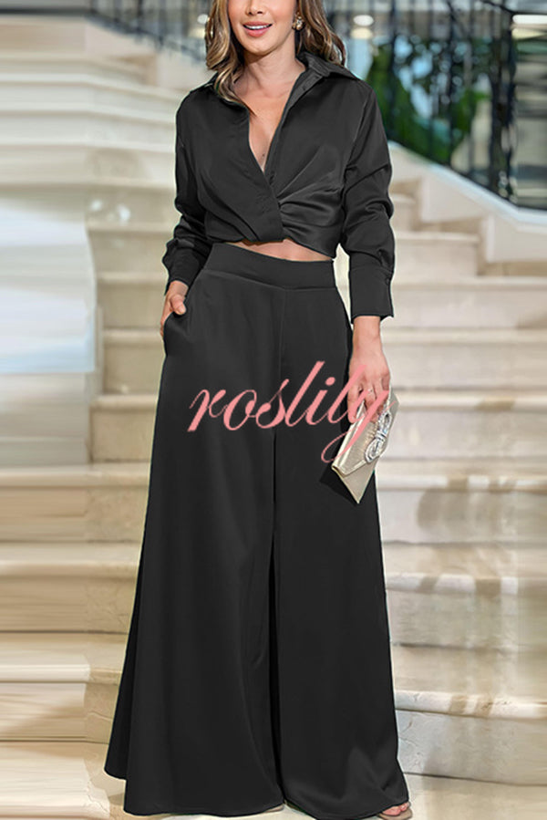 Satin Solid Color Lapel Long Sleeve Blouse and Loose-fitting Pocket Wide Leg Pants Set