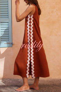 Vacation Villa Side Ric Rac Wave Trim Slit Loose Maxi Dress