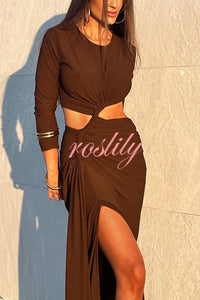 Solid Color Round Neck Long Sleeve Sexy Exposed Waist Slit Maxi Dress