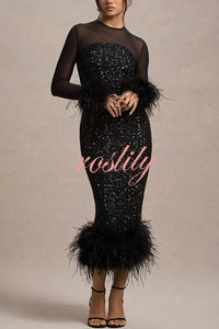 Glamor and Drama Mesh Sequin Patchwork Feather Trim Stretch Midi Dress