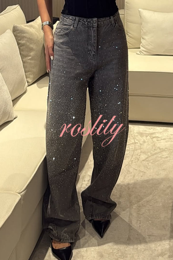 Fashion Star Rhinestone High Rise Casual Pocket Straight Loose Jeans