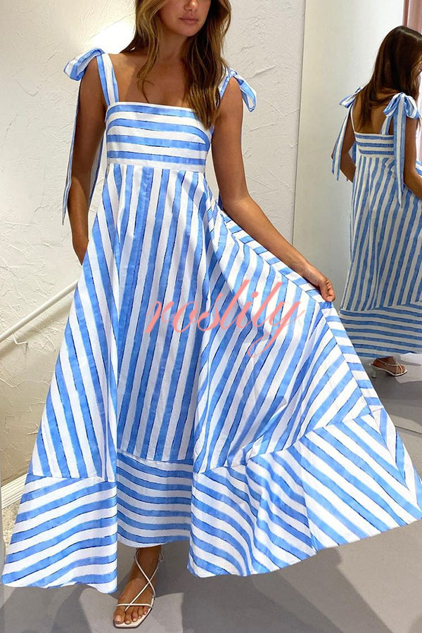 Treasured Times Stripe Print Tie-up Shoulder Pocketed A-line Maxi Dress