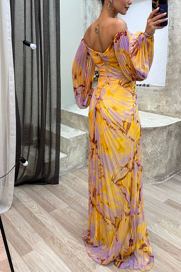 Sunset Serenade Printed Off Shoulder Diamond Embellished Pleated Slit Maxi Dress