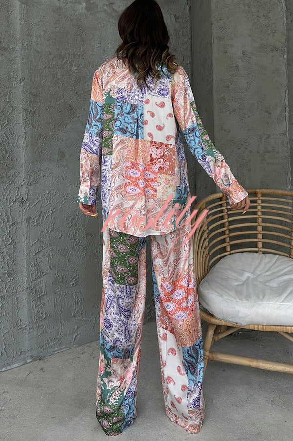 Unique Ethnic Print Long-sleeved Shirt and Elastic Waist Pants Set