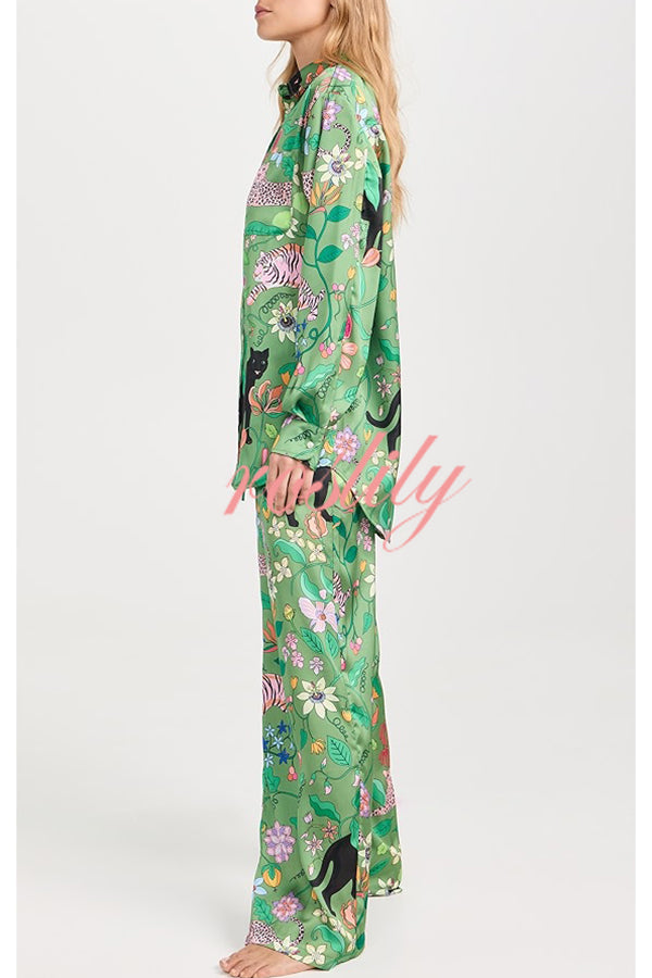 Quiet Jungle Satin Unique Print Long Sleeve Shirt and Elastic Waist Pocket Lounge Pants Set