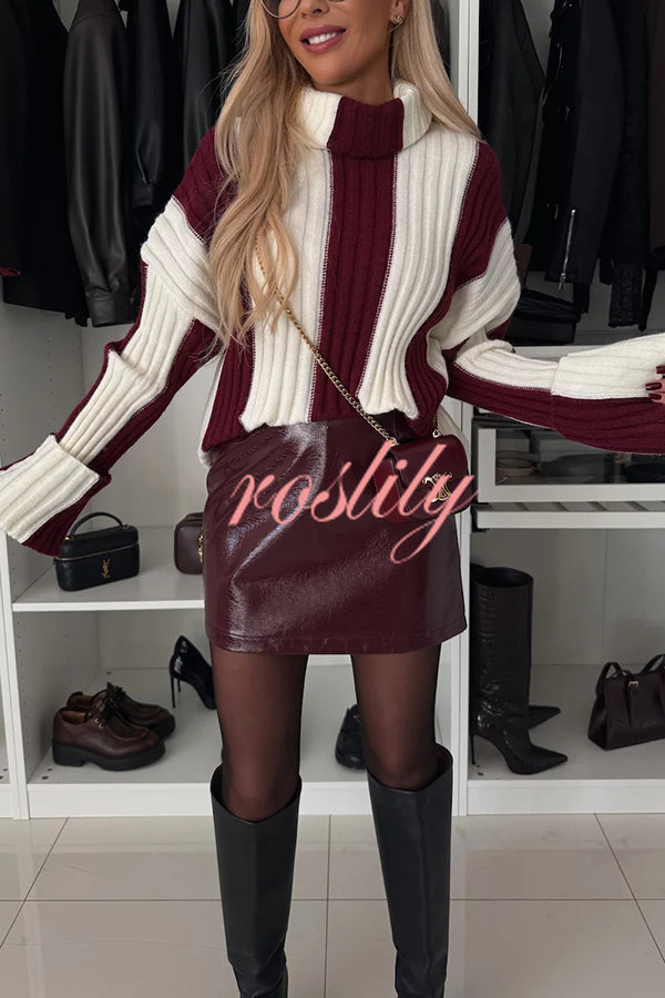 Comfort and Warmth Knit Color Block Long Sleeve Turtleneck Sweater