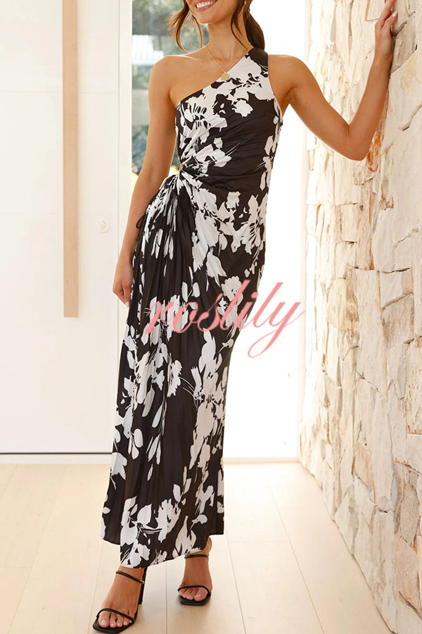 Laken Floral Print One Shoulder Adjustable Tie Cutout Pleated Maxi Dress