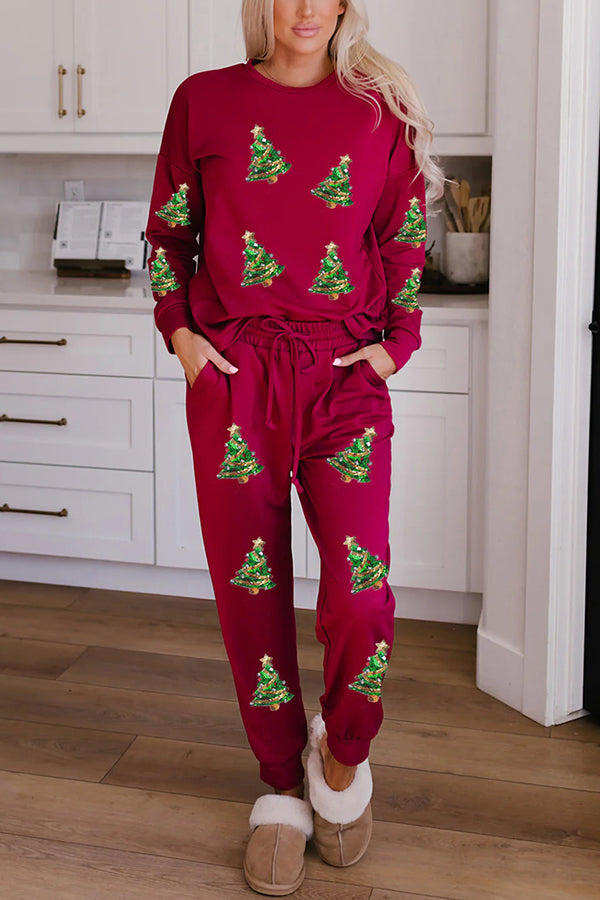 Christmas Sequin Print Long Sleeve Top and Elastic Waist Tie Pocket Pants Set