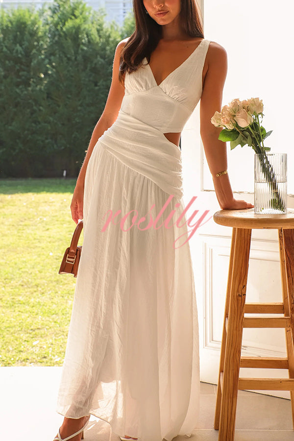 Solid Color V-neck Waist Hollow Slim Maxi Dress