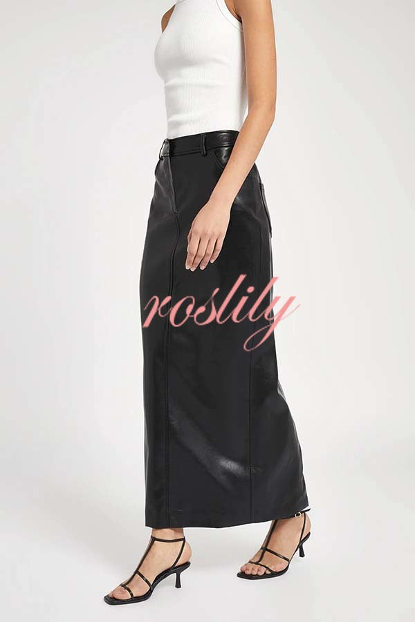 Classic Feel Faux Leather Mid Rise Pocket Slit Stretch Maix Skirt