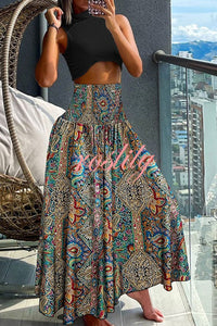 Unique Printed Pleated Elastic Waist Holiday Casual Maxi Skirt