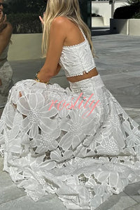 Next Trip Floral Embroidery Crochet Lace Crop Tank Top and Elastic Waist Pocket Maxi Skirt Set