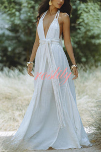 Summer Whispers Linen Blend Draped Braids Deep V-neck Halter Backless Cover Up Maxi Dress